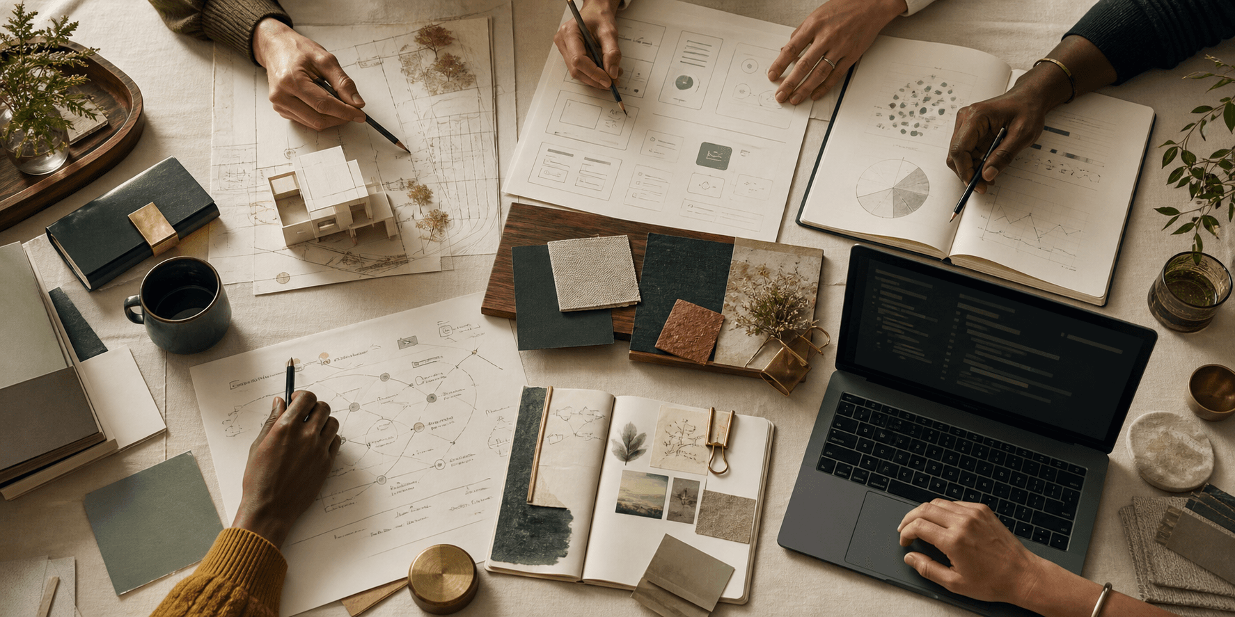 A shared worktable with professional sketches, research, materials and technology